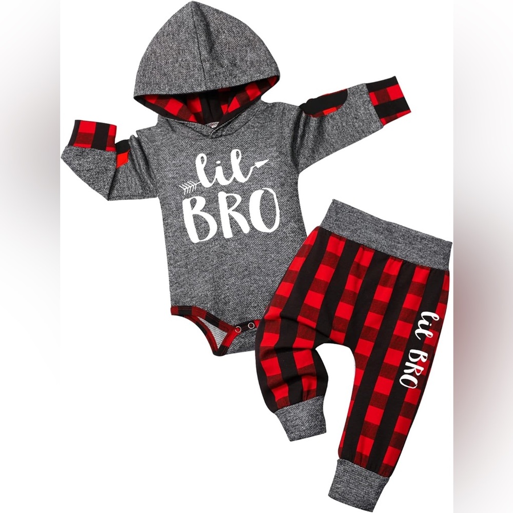 Gray and Red Plaid 'Lil Bro' Baby Outfit 3-6 months